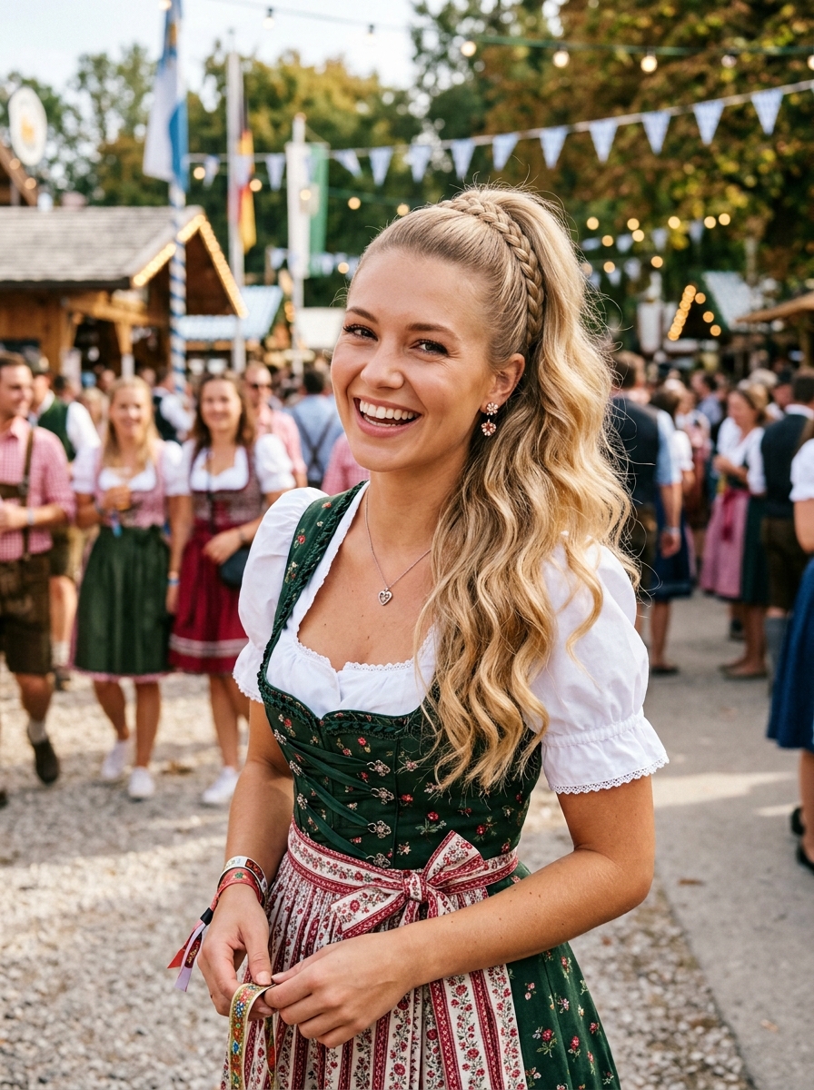 Hoher geflochtener Pferdeschwanz als Dirndlfrisur Inspiration 2026